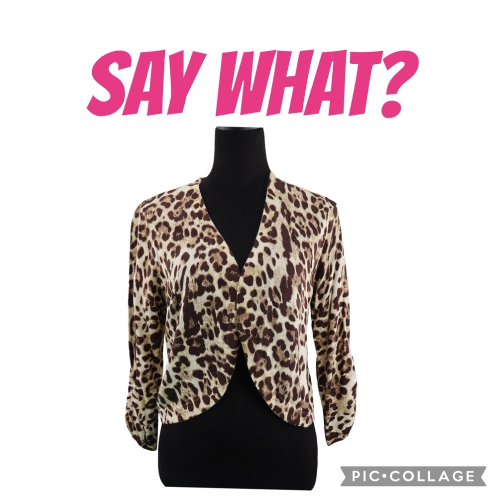 🐆 SAY WHAT? ANIMAL PRINT 3/4 SLEEVES BALERO/SHRUG WOMENS PLUS SIZE: 2X LIKE NEW